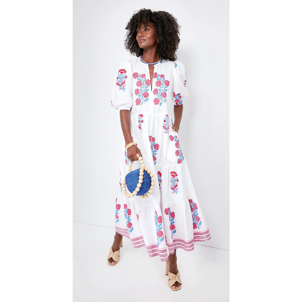 OLIPHANT Tuckernuck Pink Blue Block Print Grandiflora Puff Sleeve Maxi Dress XS - Picture 7 of 14